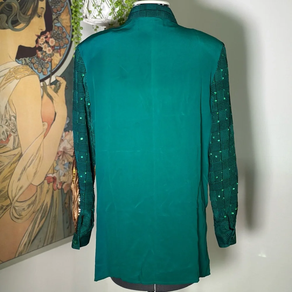 Vintage Diane Gilman 100% Silk Sequins Horse Green Plaid Button Down Blouse - Picture 3 of 7